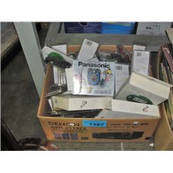 Box of assorted electronics accessories phone