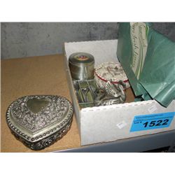 Box of misc collectables; jewelry boxes, irish