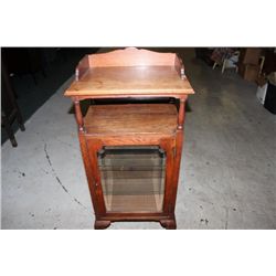 SOLID OAK BONNET TOP MUSIC CABINET WITH BEVELED GLASS