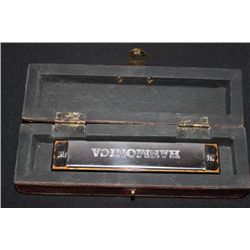 5" HARMONICA IN A GREAT HANDMADE CHEST TYPE BOX MINT