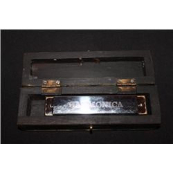 5" HARMONICA IN A GREAT HANDMADE CHEST TYPE BOX MINT