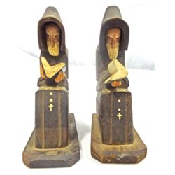 Pair of Primitive Carved Monks holding Book, made in Mexico - Vintage