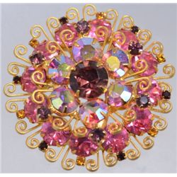 Vintage Rhinestone Brooch, Pink & AB stones, 2" in diameter