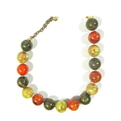 Vintage Plastic Bead Necklace - Fall colors - Greens, Golds, Creams