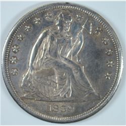 1859-O SEATED DOLLAR, MS-63 LIGHT CLEANING,  RARE TYPE COIN!