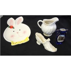 BUNNY PLATE, CREAM COLORED CREAMER, CERAMIC SHOE AND MINI VASE