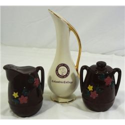 CREAM AND SUGAR SALT AND PEPPER SHAKERS AND COLUMBIA COLLEGE COLLECTIBLE EWER