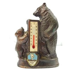 Vintage YellowStone National Park Souvenir, Metal Bears with thermometer.