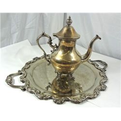 Vintage Silver over Copper Tea Pot and silver plate tray, Tray is 16" in diamete