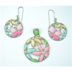 Sterling Silver Floral Enameled Pendant and Earrings