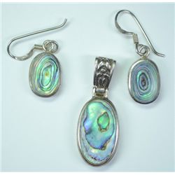 Sterling Silver Oval Abalone Pendant and  Earrings Set
