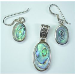 Sterling Silver Oval Abalone Pendant and  Earrings Set