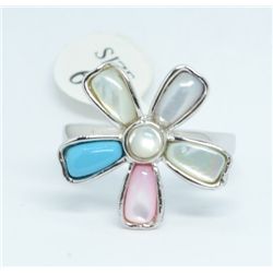 Mother of Pearl and Turquoise Sterling Silver Flower Ring