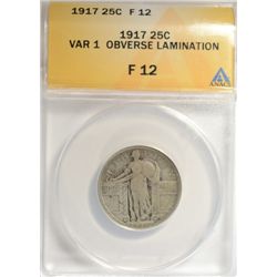 1917 T1 STANDING LIBERTY QUARTER ANACS FINE 12