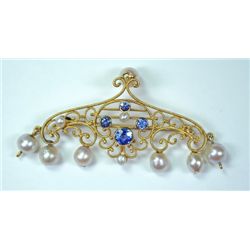 Vintage Gold Rose Cut Sapphire and Seed Pearl Pin/Brooch, Excellent Condition!