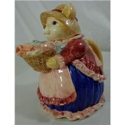 TEA POT AND LID, CERAMIC, CAT PUSS KITTY IN DRESS WITH BASKET O FISH