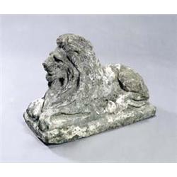 A 19th century reconstituted stone figure of a recumbent lion on a rectangular plinth, 51 high x...