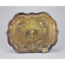 A Victorian tole peint cartouche shaped tray, painted overall with exotic birds and scrolls aroun...