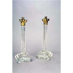 A pair of Continental glass and gilt metal mounted table lamps, each with a Corinthian capital an...