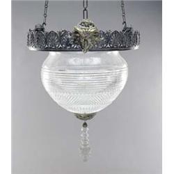 A cut glass and gilt metal mounted ceiling light, with an anthemion pierced band and rams masks,...
