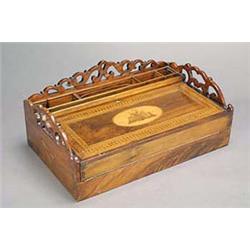 A 19th century walnut Sorrento ware writing slope with a pierced three-quarter gallery above vari...