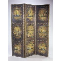 A Continental three leaf leather screen, in 18th century style, with embossed decoration simulati...