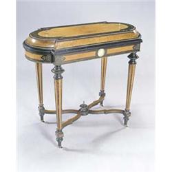 A Victorian amboyna, ebony and ebonised jardiniere of rectangular form with rounded ends, with gi...