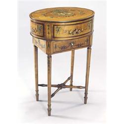 A Victorian Sheraton Revival painted satinwood work table, the oval hinged top decorated with put...