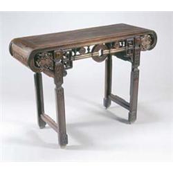 A 19th century Chinese huang huali altar type table, the rectangular top of cleated form with scr...