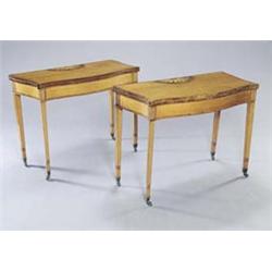 A pair of George III satinwood and tulipwood crossbanded serpentine tables, one a card table, the...