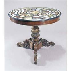 A centre table in early 19th century style, the round top inlaid with semi-precious stones and sp...