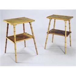 A pair of late 19th century French fruitwood tables, each with two quarter veneered tiers, on tur...