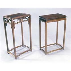 Two Chinese huang huali tables, one of plain design with a rectangular top, straight legs and str...
