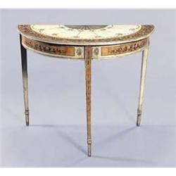 A demi-lune console table painted overall in neo-classical style with a fan, ribbons and garrya o...