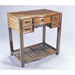 A Chinese hardwood serpentine side table, the cleated top inset with a panel of burr elm, the fiv...
