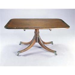 A mahogany and rosewood and crossbanded rectangular tip up breakfast table, on turned column with...