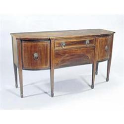 A late 19th century mahogany, satinwood banded, boxwood and ebony strung sideboard of bowfront an...