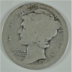 1916-D MERCURY DIME, WEAK GOOD, KEY COIN!