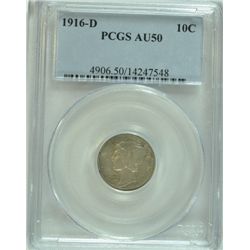 1916-D MERCURY DIME, PCGS AU-50 PERFECT COIN FOR YOUR SET, RARE! 100% ORIGINAL