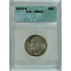 1932-S WASHINGTON QUARTER, ICG MS-62  WITH NICE COLOR!