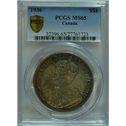 1936 CANADA SILVER DOLLAR PCGS MS65 COLOR, VERY RARE IN THIS GRADE!