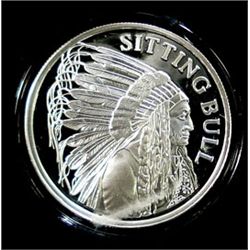  SITTING BULL  FEATURED ON A ONE OUNCE.999 SILVER  ART ROUND, IN BOX AND CAPSULE