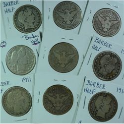 9 BARBER HALF DOLLARS (09,09-O,09-S,10,11,12,13-S,14-S,15-D) GOOD-FINE