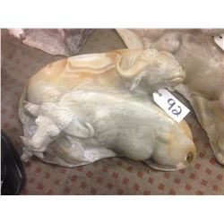 WATER BUFFALO FAMILY OF 3, HAND CARVED FROM KENYAN SOFT STONE. 8" TALL 16" LONG