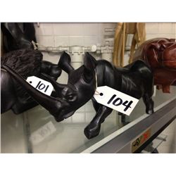 RHINO, HAND CARVED EBONY, 6" TALL 13" LONG