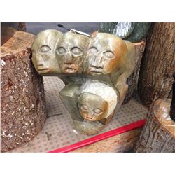 BROWN SERPENTINE, HAND CARVED ABSTRACT 4 HEADS, 20" TALL 18"WIDE