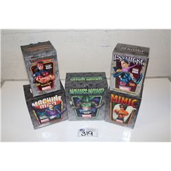 5 MARVEL MINI BUSTS, NEW IN BOX INCLUDING: THUNDERBIRD 1397/1950, MIMIC 1073/1500, PSYLOCKE