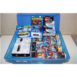 HOT WHEELS RUBBERMAID CONTAINING ASSORTED MIX, MINT ON BOARD INCLUDING: BATMAN, HAULERS, WORLD