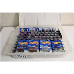 HOT WHEELS RUBBERMAID CONTAINING 100+ MINT ON BOARD ENGLISH MAKES, INCLUDING: JAGUAR, MINI'S ETC.