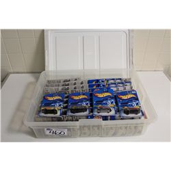 HOT WHEELS RUBBERMAID CONTAINING 80+ MINT ON BOARD ENGLISH MAKES INCLUDING JAGUAR, MINI, ESCORT